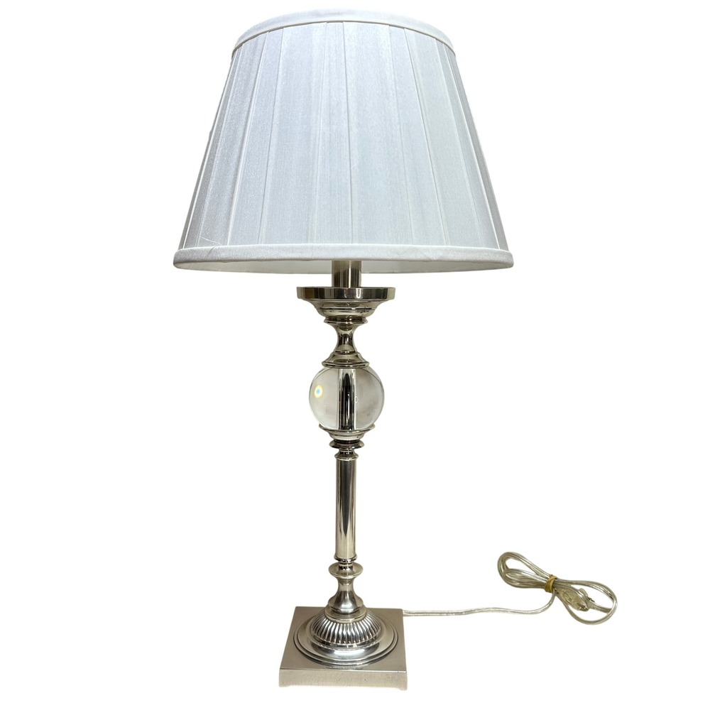 Restoration Hardware Polished Nickel Crystal Ball Orb Table Lamp w Pleated Shade